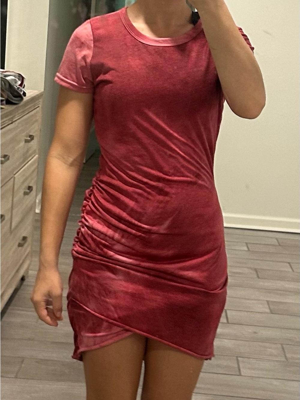 Pink Lily Small Women's Short Sleeve Ruched Red Dress